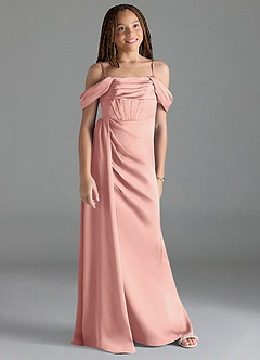 Azazie Amyra Junior Rosette Sheath Off the Shoulder Stretch Satin Dress image3