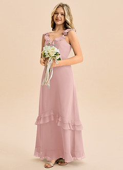 Azazie Tavie Junior Powder Pink A-Line Ruched Chiffon Dress image4