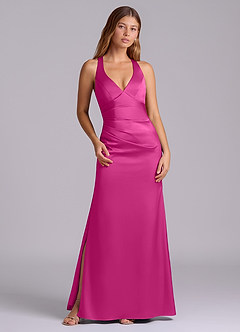 Azazie Amelie Bridesmaid Dresses Fuchsia A-Line Pleated Stretch Satin Dress image1