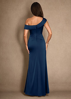 Azazie Hamptons Mother of the Bride Dresses Dark Navy A-Line Pleated Stretch Satin Dress image2