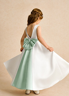 Azazie Cherry Flower Girl Dresses Ivory Agave Ball-Gown Pleated Matte Satin Dress image4