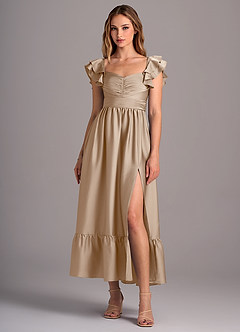 Azazie Anaya Robes de demoiselle d'honneur Robe Trapèze Convertible en Satin extensible Encolure en Forme de Cœur Taupe image1
