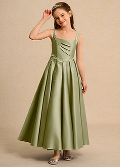 Azazie Mochi Girls Formal Flower Girl Dresses Moss Green Ball-Gown Pleated Matte Satin Dress image6