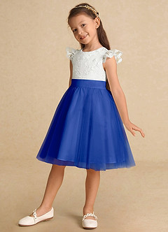 Azazie Vetty Flower Girl Dresses Ivory Royal Blue A-Line Lace Tulle Dress image3