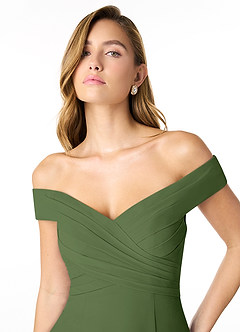 Azazie Lecia Vestidos de damas de honor Vestido de Oliva de Gasa de Imperio Convertible con Plisado fuera del hombro image6