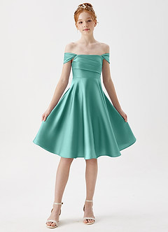 Azazie Amira Junior Aqua A-Line Pleated Stretch Satin Dress image5