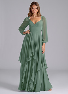 Azazie Karan Bridesmaid Dresses Eucalyptus A-Line Long Sleeve Chiffon Dress image3