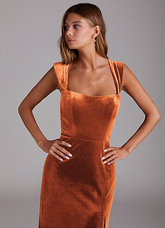 Azazie Junia Bridesmaid Dresses Burnt Orange Sheath Off the Shoulder Velvet Convertible Dress image6