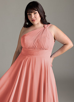 Azazie Charlize Bridesmaid Dresses Coral A-Line One Shoulder Chiffon Dress image12