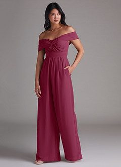 Azazie Lamara Bridesmaid Dresses Mulberry Off the Shoulder Chiffon Convertible Jumpsuit image4