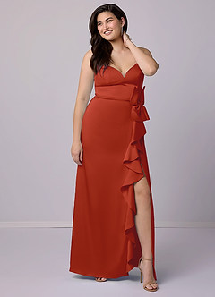 Barbie ♥ Azazie Final Sale Bronzer Sheath Bow Stretch Satin Dress image9