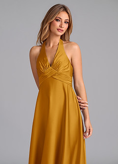 Azazie Tessie Bridesmaid Dresses Butterscotch A-Line Pleated Stretch Satin Dress image3