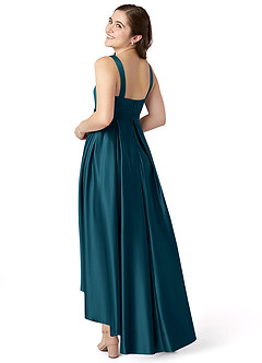 Azazie Inaya Junior Ink Blue A-Line with Belt Stretch Satin Dress image4