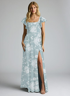 Azazie Bondi Bridesmaid Dresses Powder Blue Floral A-Line Bow Stretch Satin Dress image5