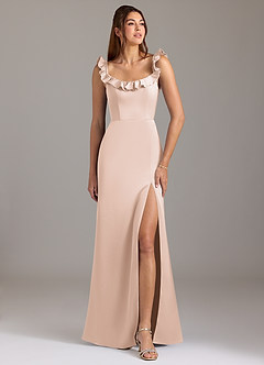 Azazie Callie Bridesmaid Dresses Blushing Pink A-Line Ruched Stretch Satin Convertible Dress image1