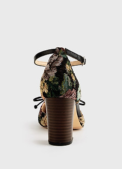 front Floral Tapestry Ankle Strap Block Heels