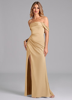Azazie Lisbeth Jurken voor bruidsmeisjes Converteerbaar Jurk van Stretch Satijn met Zeemeermin Off the Shoulder Goud image1