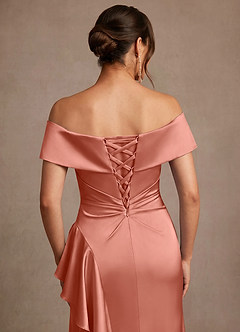 Azazie Kirsty Mother of the Bride Dresses Salmon Pink Sheath Off the Shoulder Stretch Satin Dress image7