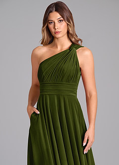 Azazie Charlize Bridesmaid Dresses Olive A-Line One Shoulder Velvet Dress image6