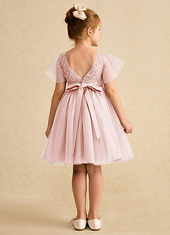 Azazie Queenie Robe Demoiselle D'honneur Fillette Robe Trapèze en Dentelle Rose Pâle image2