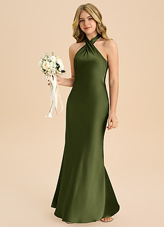 Azazie Chickie Junior Olive Sheath Pleated Stretch Satin Dress image4