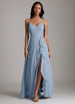 Azazie Naeem Bridesmaid Dresses Dusty Blue A-Line V-Neck Ruffle Chiffon Dress image1