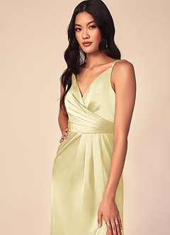 Azazie Aqua Bridesmaid Dresses Lemon Sorbet A-Line V-Neck Pleated Stretch Satin Dress image6