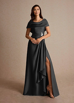 Azazie Branford Mother of the Bride Dresses Black A-Line Pleated Stretch Satin Dress image7