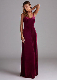 Azazie Moira At-home Try On Dresses Cabernet A-Line with Pockets Velvet Dress image3