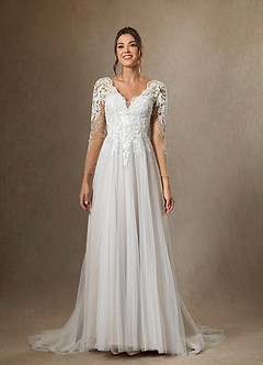 Azazie Essy Wedding Dresses Diamond White A-Line V-Neck Sequins Tulle Dress image8