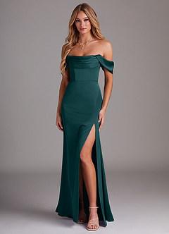 Azazie Saige Bridesmaid Dresses Pine Sheath Off the Shoulder Stretch Satin Dress image1