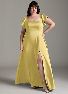 Azazie Bondi Bridesmaid Dresses Canary A-Line Bow Stretch Satin Dress image7