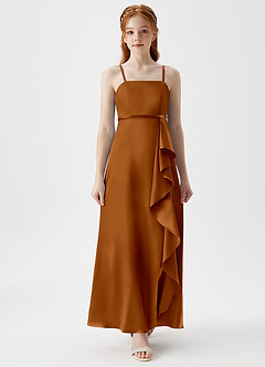 Azazie Kaylee Junior Copper A-Line with Belt Metallic Satin Dress image4