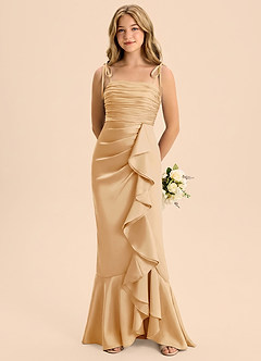 Azazie Ryan Junior Vestido Oro de Satén Elástico de Corte Recto con Lazo image5