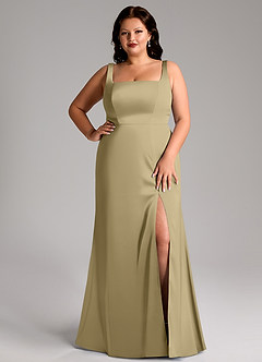 Azazie Frostine Robes de demoiselle d'honneur Robe Trapèze en Satin extensible Arc Vert Mousse image14