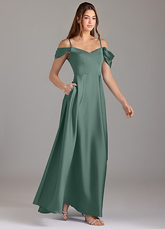 Azazie Marley Bridesmaid Dresses Eucalyptus A-Line Off the Shoulder Stretch Satin Convertible Dress image4