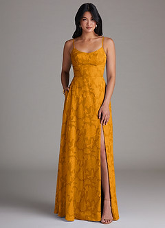 Azazie Moira Bridesmaid Dresses Butterscotch A-Line Side Slit Floral Burnout Dress image1
