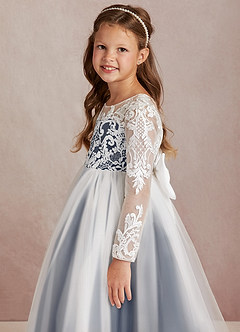Azazie Elodie Flower Girl Dresses Ivory Dark Navy Ball-Gown Lace Dress image6