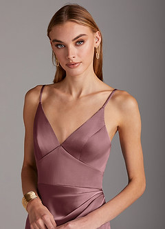 Azazie Shania Bridesmaid Dresses Vintage Mauve Sheath V-Neck Pleated Stretch Satin Dress image5