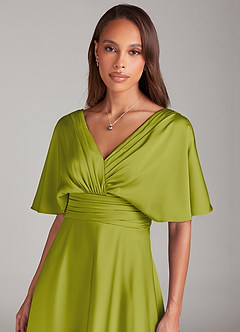Azazie Pamela Bridesmaid Dresses Lemongrass A-Line Pleated Stretch Satin Dress image5