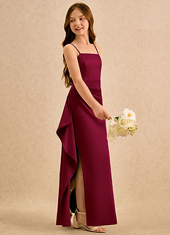 Azazie Cannoli Girls Formal Robe Demoiselle D'honneur Fillette Robe Trapèze en Satin extensible Plissée Bourgogne image4
