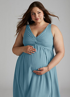 Azazie Yetta Maternity Bridesmaid Dresses A-Line V-Neck Gathered Chiffon Floor-Length Dress image8