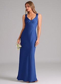 Azazie Kamila 신부 들러리 드레스 A라인 주름진 스트레치 새틴 바닥 길이 드레스 image5