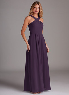 Azazie Dixie Bridesmaid Dresses Plum A-Line Halter Pleated Chiffon Dress image4