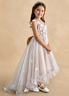 Azazie Celia Flower Girl Dresses Champagne Rose A-Line Lace Tulle Dress image3