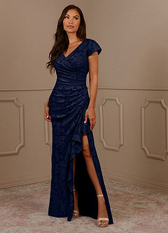 Azazie Roya Mother of the Bride Dresses Dark Navy Mermaid Ruched Floral Burnout Dress image1