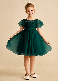 Azazie Queenie Robe Demoiselle D'honneur Fillette Robe Trapèze en Dentelle Vert Pin image1