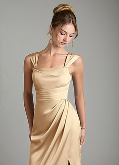 Azazie Filippa Bridesmaid Dresses Champagne A-Line Pleated Stretch Satin Dress image3