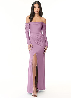 Azazie Hallie Bridesmaid Dresses Wisteria Sheath Off-The-Shoulder Long Sleeve Stretch Satin Convertible Dress image3