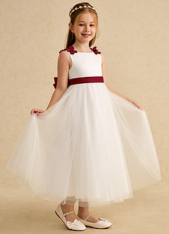 Azazie Lilli Blumenmädchenkleider A-Linie Schleifen Tüll Kleid Elfenbein Burgund image1